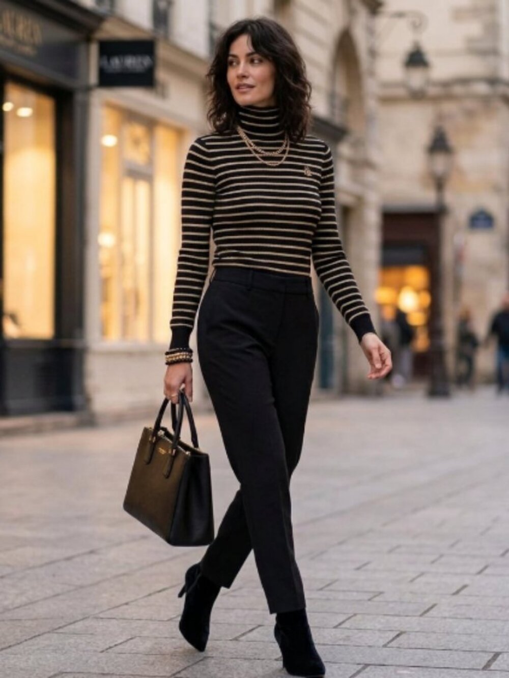 Lauren Ralph Lauren Black & Gold Metallic Striped Turtleneck Sweater Crest Logo